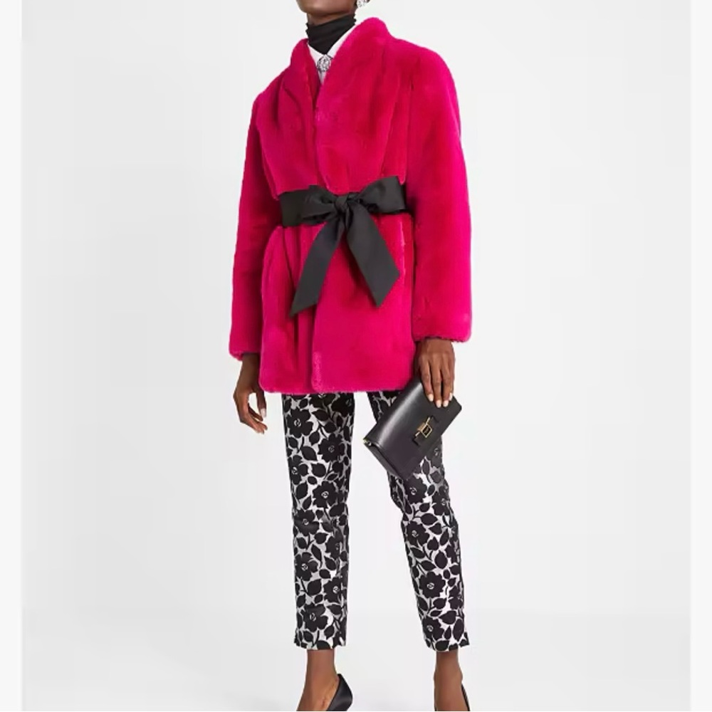 kate spade ♠️- $568 Bow-waist Faux Fur Coat in, “Rosa Plum”, Size Medium, NWT